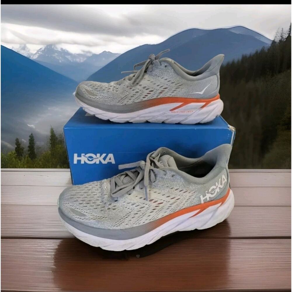 Hoka Women's Light Gray and Orange Sneakers